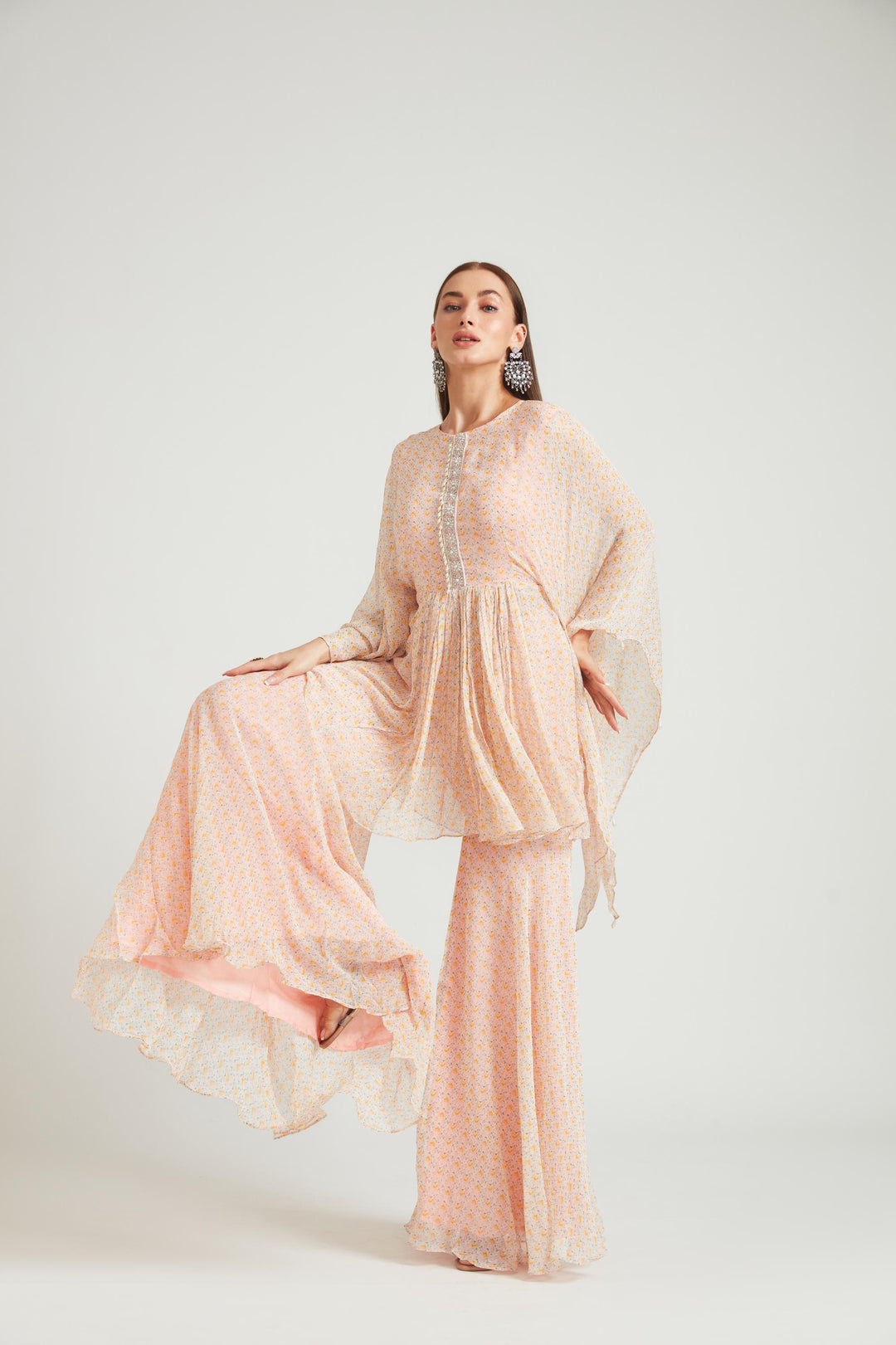 Neerus Orange georgette kurta set - front view