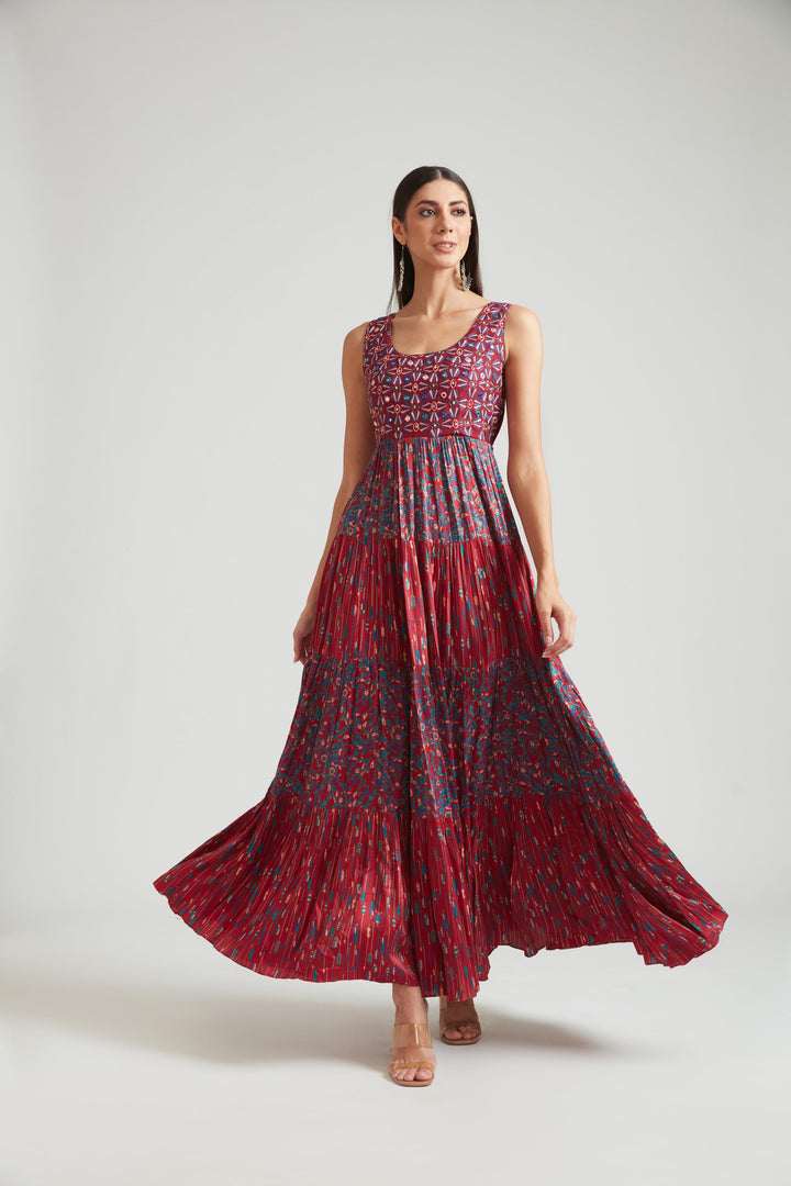 Neerus Maroon silk embroidered gown - front view