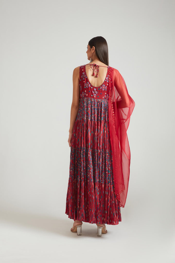 Neerus Maroon silk embroidered gown - detail view 1