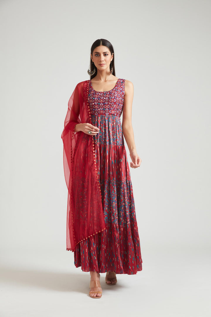 Neerus Maroon silk embroidered gown - detail view 2