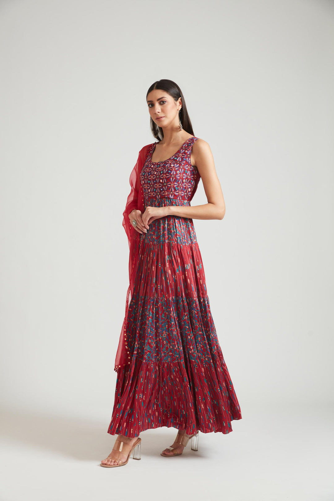 Neerus Maroon silk embroidered gown - detail view 3
