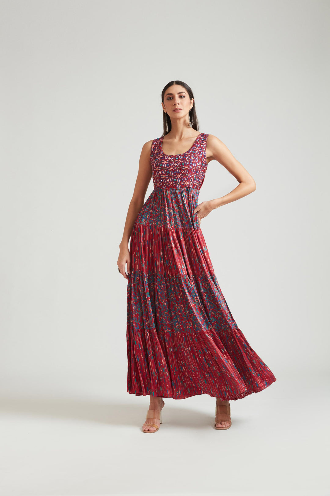 Neerus Maroon silk embroidered gown - detail view 4