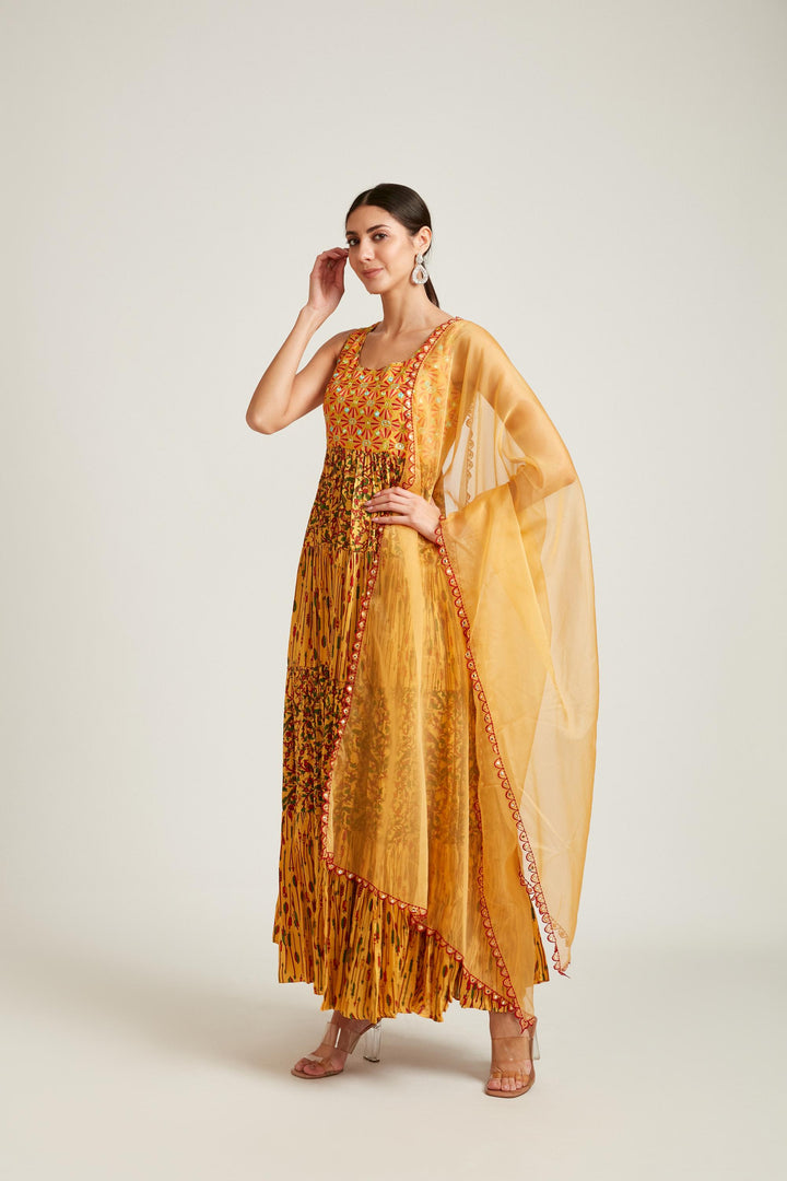 Neerus Yellow silk maxi gown - back view