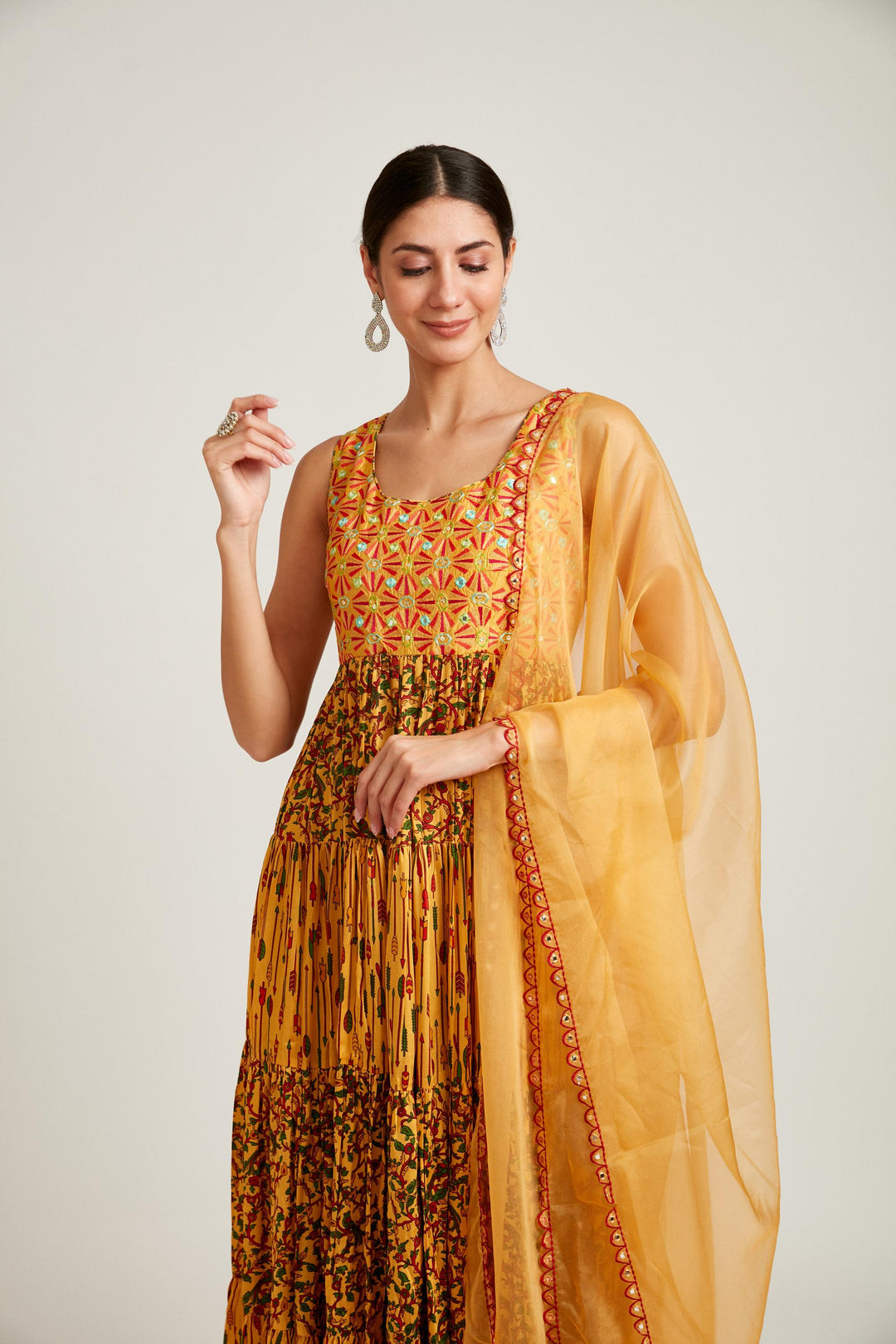 Neerus Yellow silk maxi gown - side view