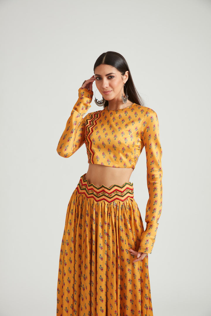 Neerus Yellow silk embellished lehenga choli set - side view