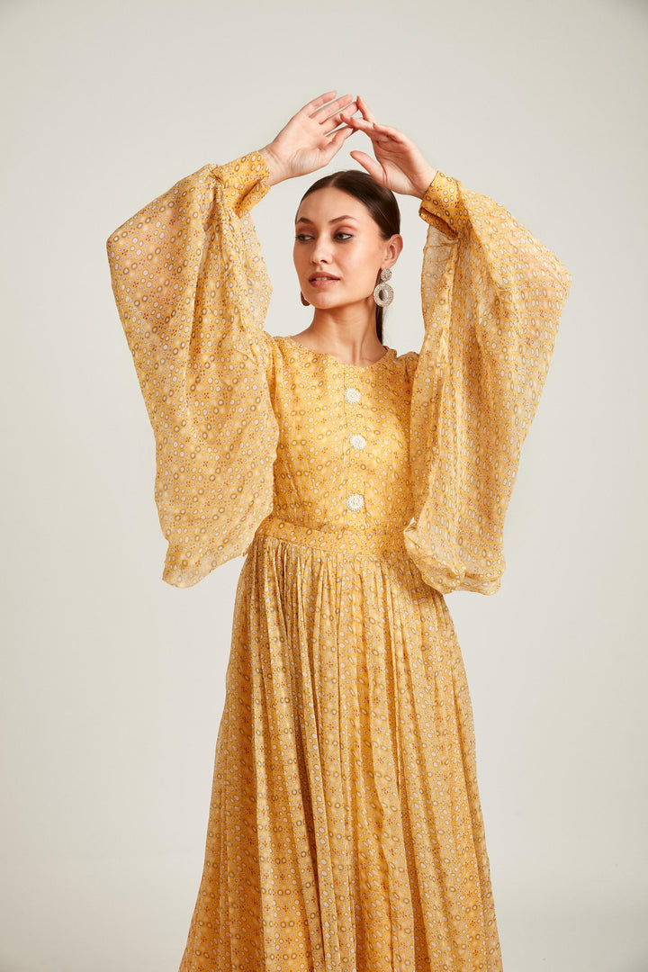 Neerus Mustard Color Georgette Fabric Gown