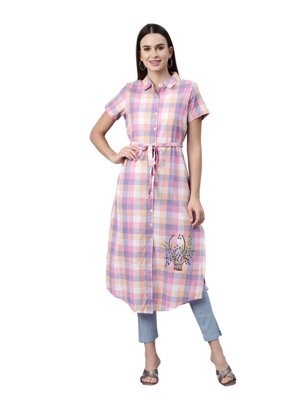 Neerus Pink cotton printed kurti - front view