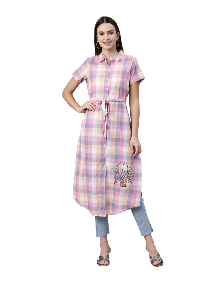 Neerus Pink cotton printed kurti - front view