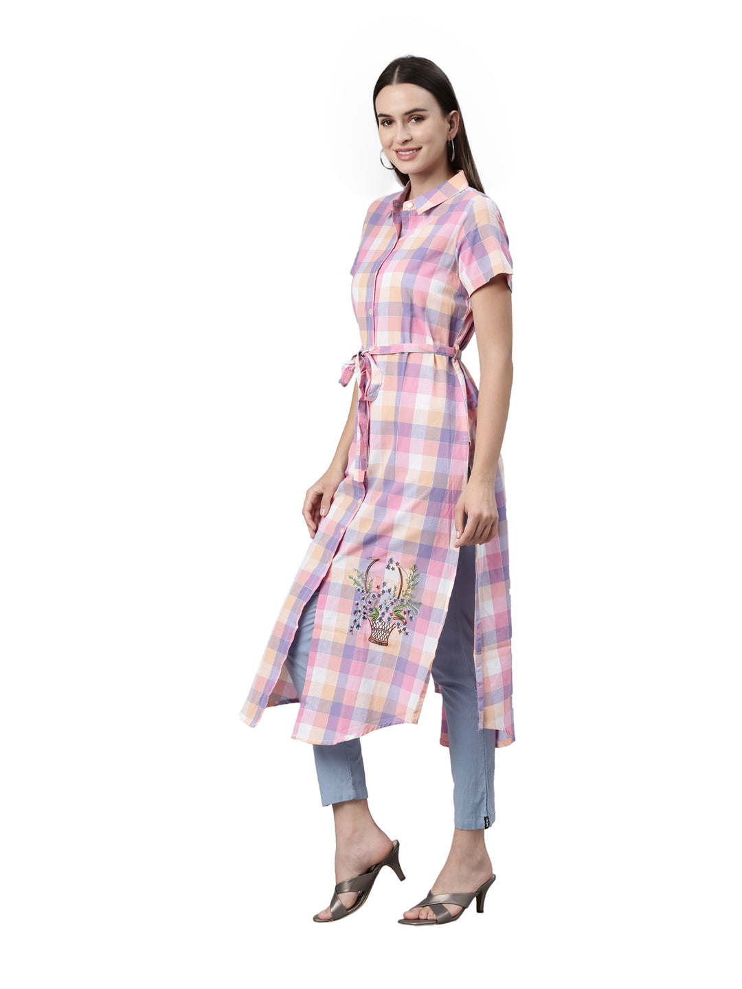 Neerus Pink cotton printed kurti - side view