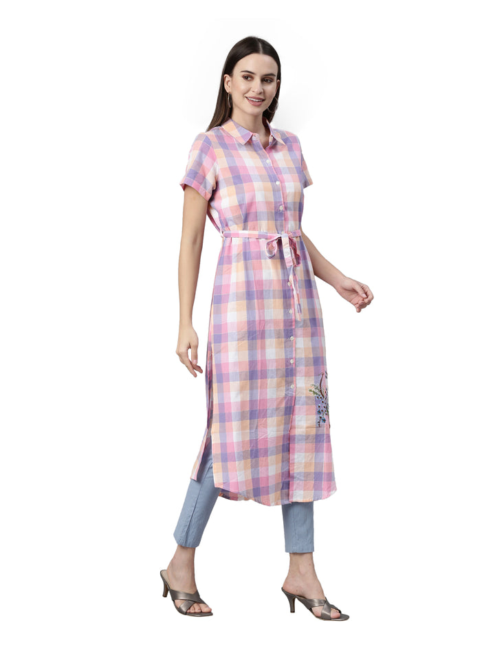 Neerus Pink cotton printed kurti - detail view 1
