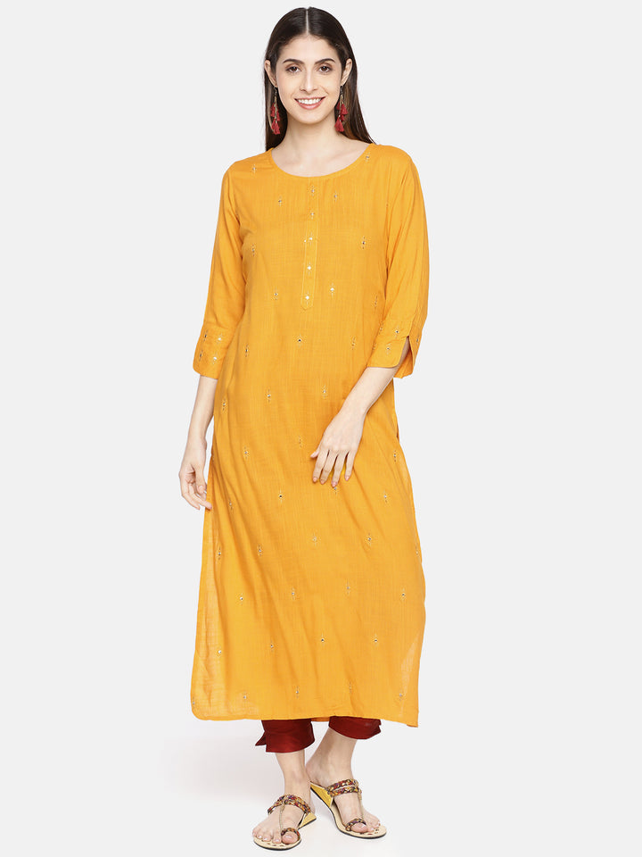 Neerus Yellow Embroidered Straight Kurta