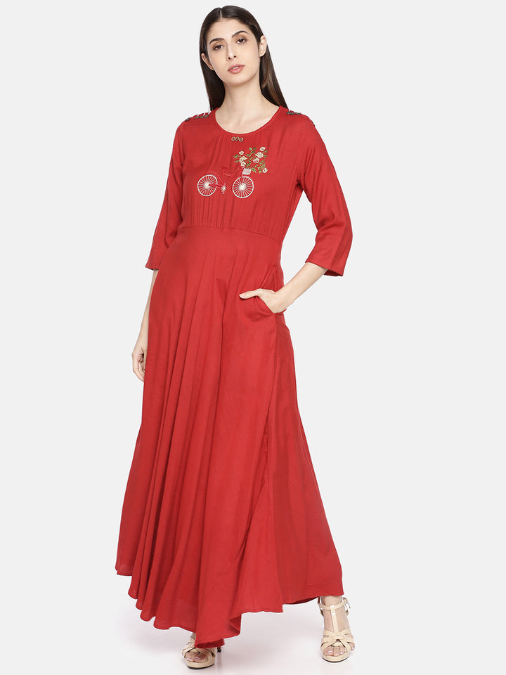 Neerus Women Red Quirky Yoke Design A-Line Kurta