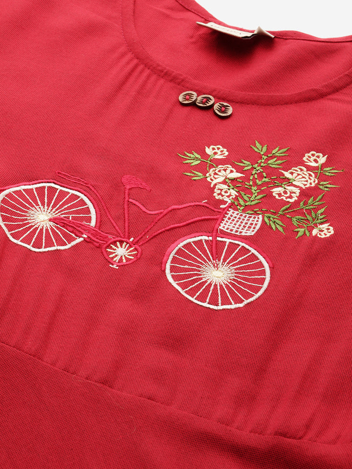 Neerus Women Red Quirky Yoke Design A-Line Kurta