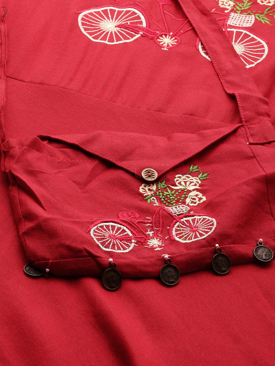 Neerus Women Red Quirky Yoke Design A-Line Kurta