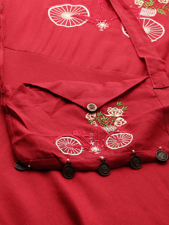 Neerus Women Red Quirky Yoke Design A-Line Kurta