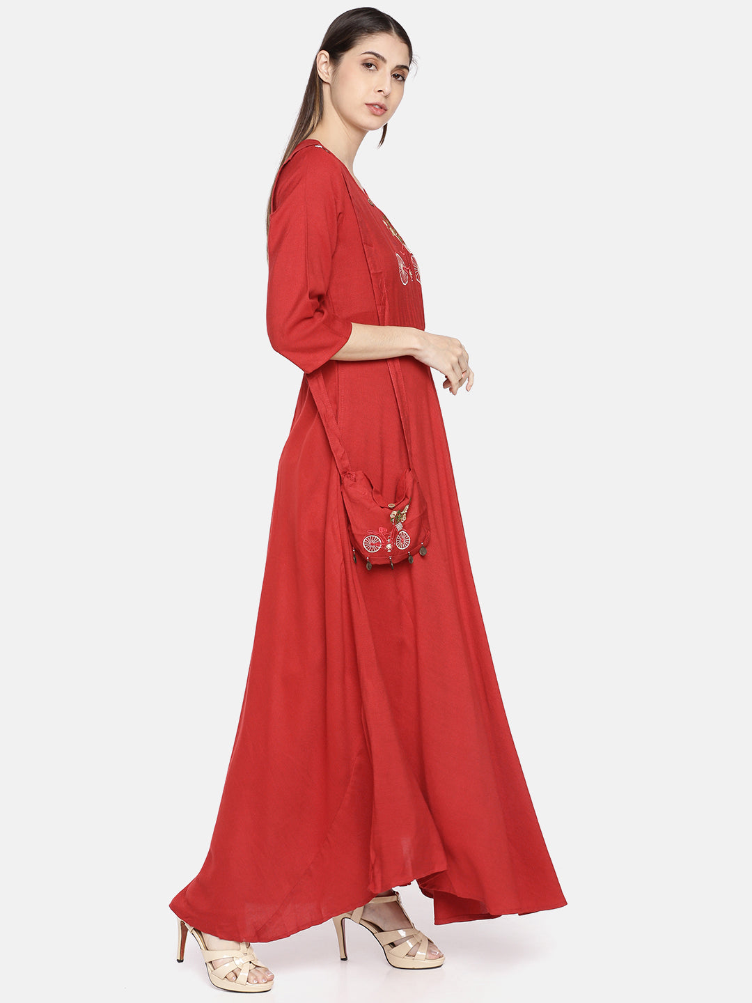 Neerus Women Red Quirky Yoke Design A-Line Kurta