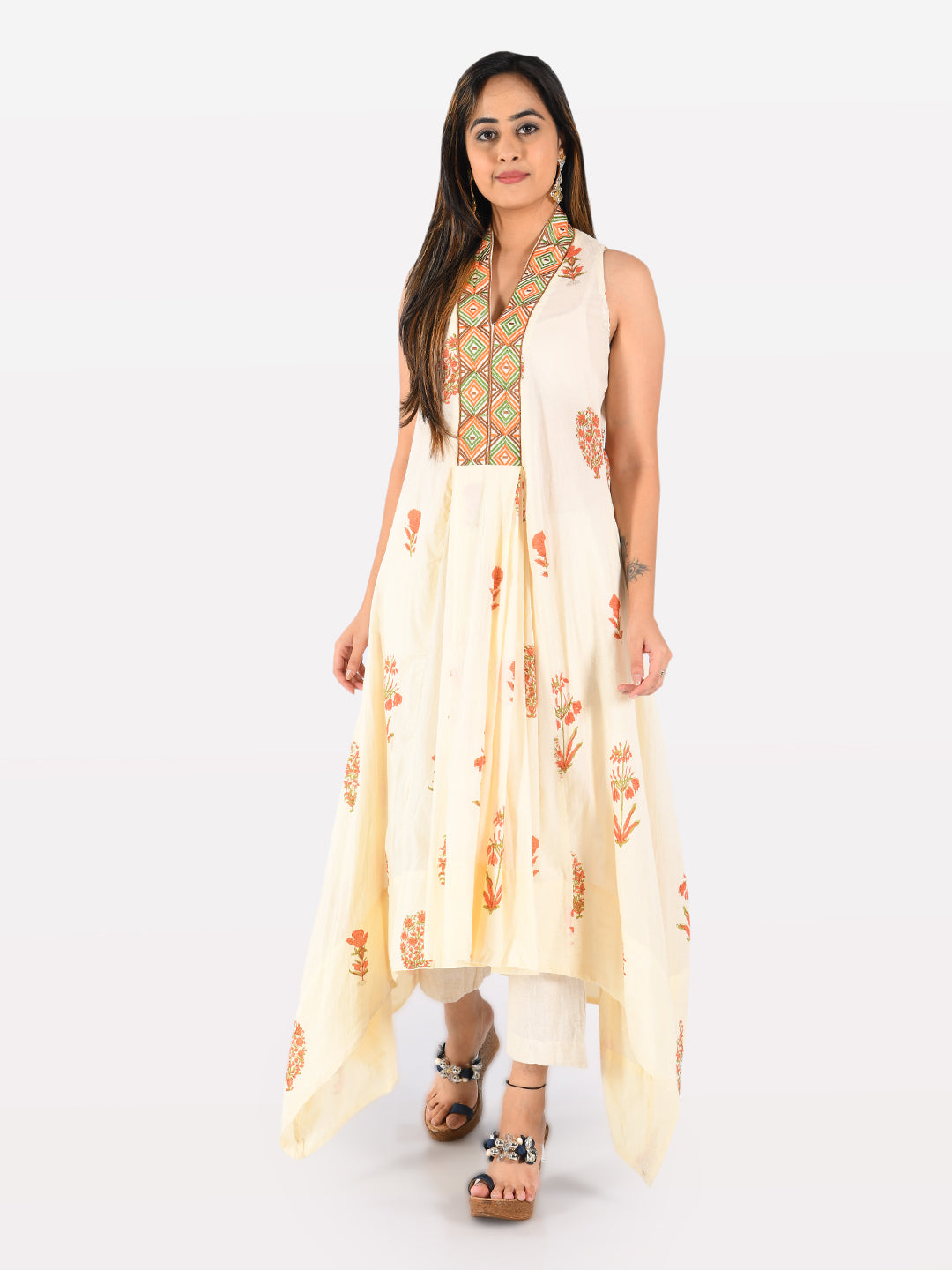 Neerus Beige cotton printed high-low kurta - detail view 4