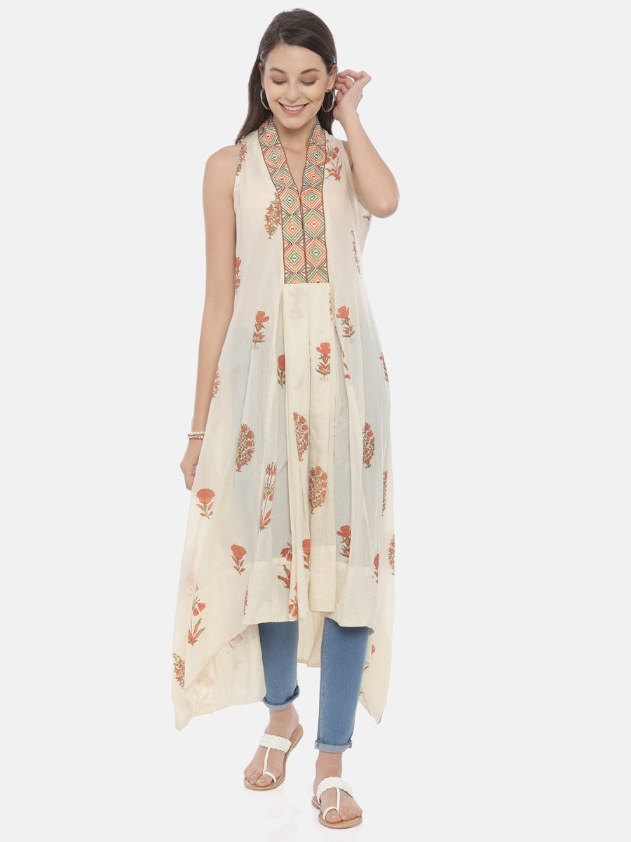 Neerus Beige cotton printed high-low kurta - front view