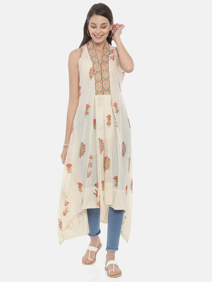Neerus Beige cotton printed high-low kurta - front view
