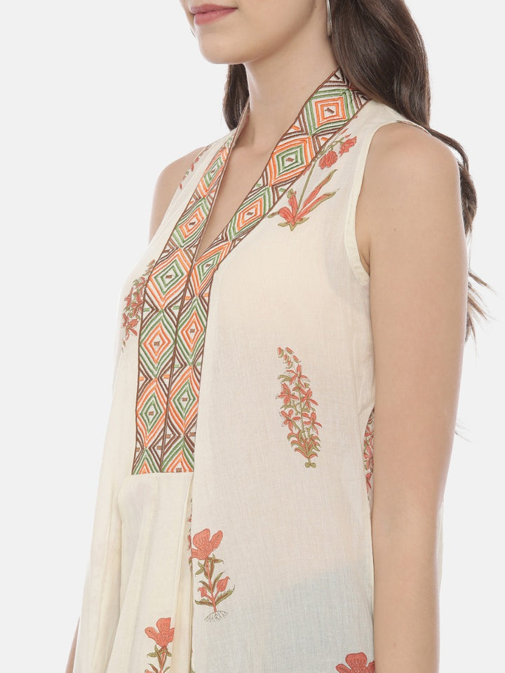 Neerus Beige cotton printed high-low kurta - back view