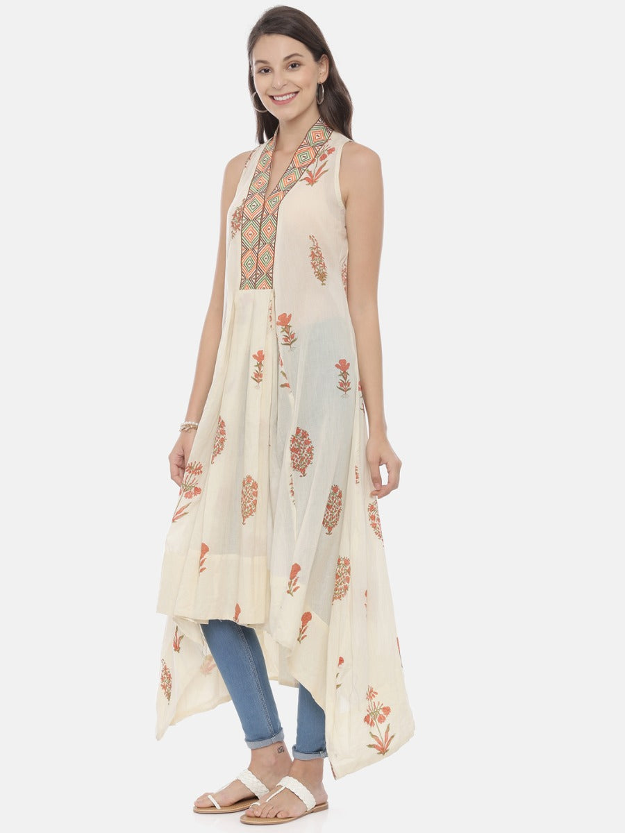 Neerus Beige cotton printed high-low kurta - side view