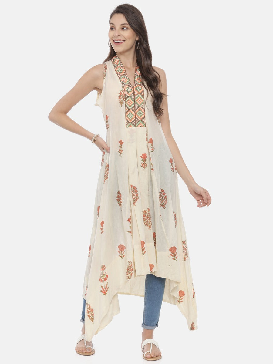Neerus Beige cotton printed high-low kurta - detail view 1