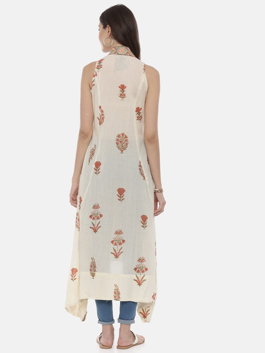 Neerus Beige cotton printed high-low kurta - detail view 2