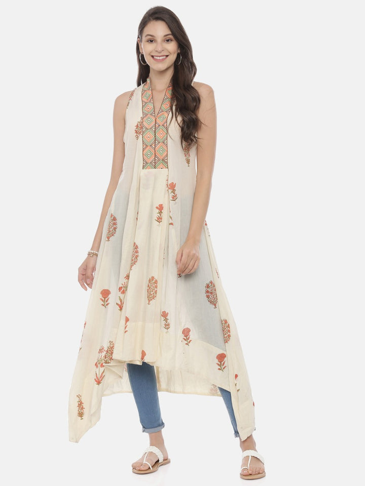 Neerus Beige cotton printed high-low kurta - detail view 3
