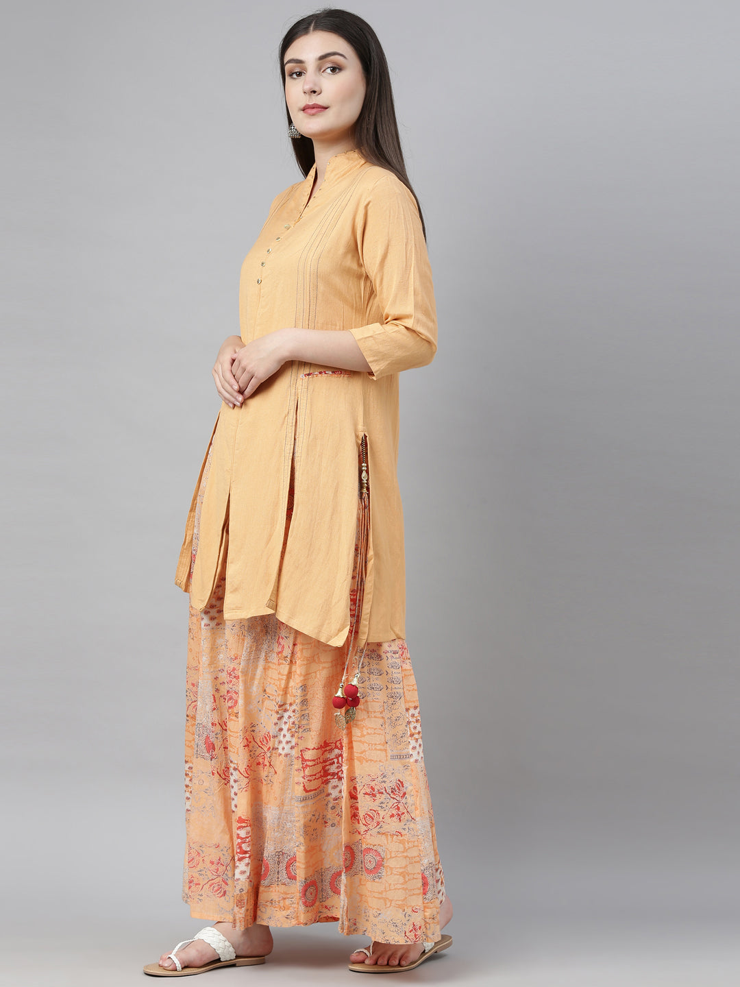Neerus Orange cotton printed straight kurti - detail view 1
