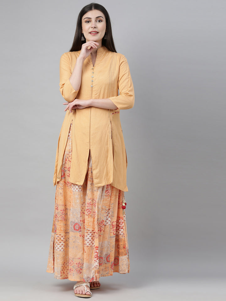 Neerus Orange cotton printed straight kurti - detail view 4
