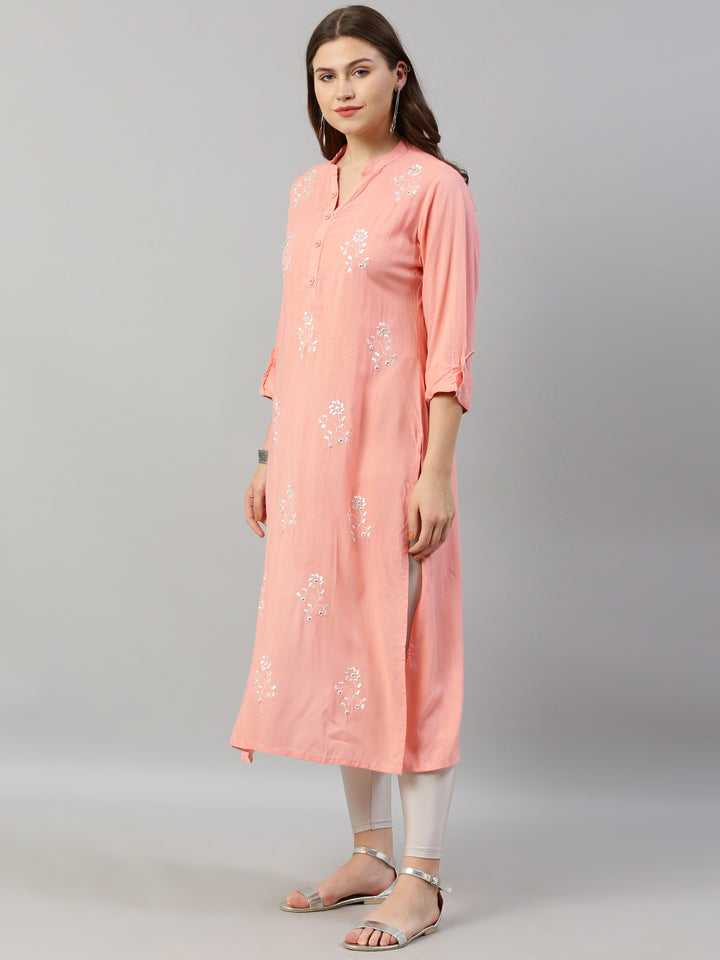 Neerus Pink Embroidered Straight Kurta
