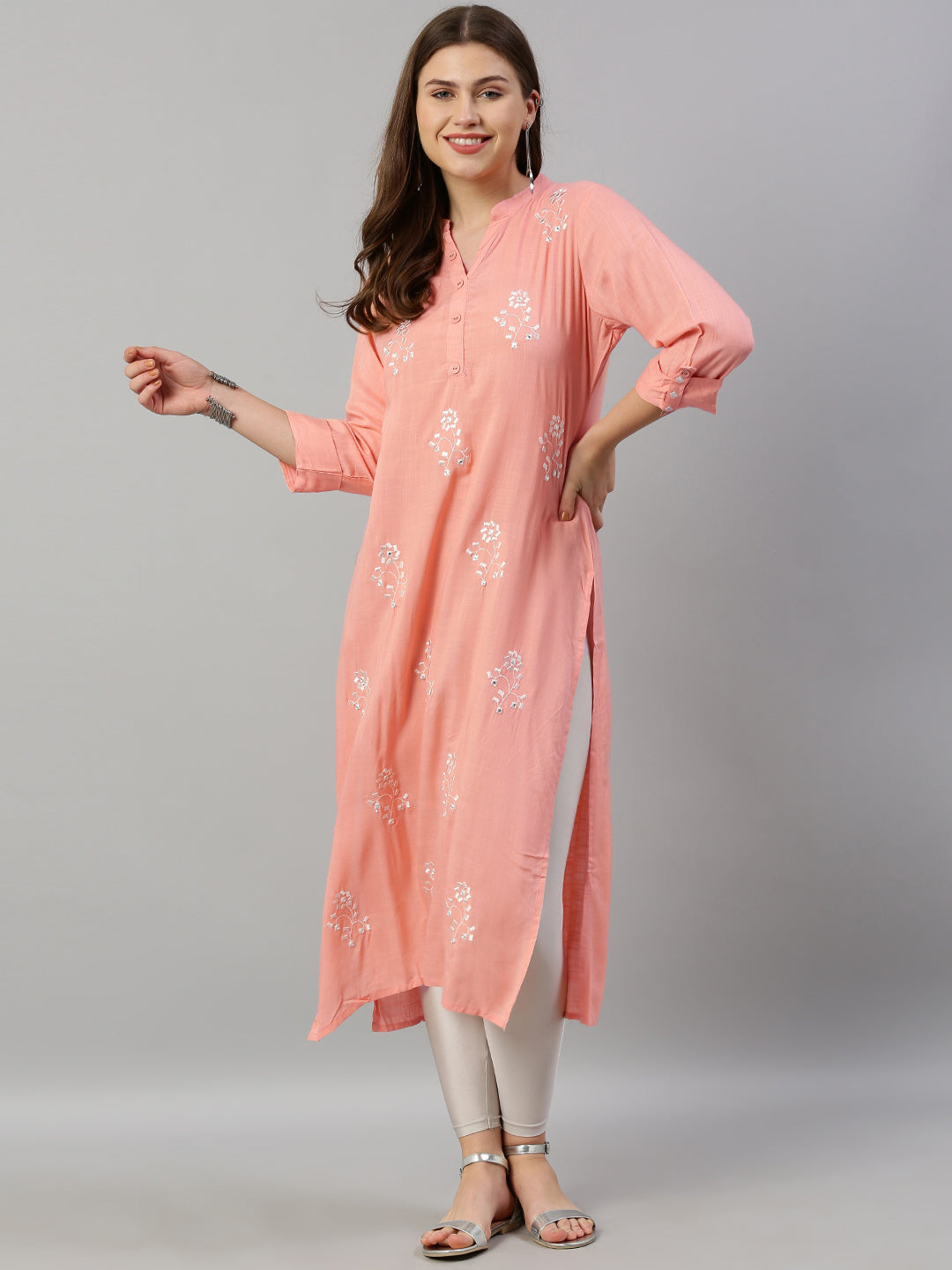Neerus Pink Embroidered Straight Kurta