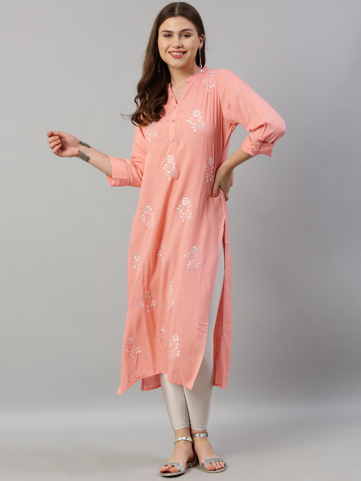Neerus Pink Embroidered Straight Kurta