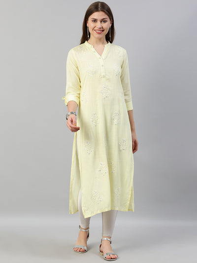 Neeru's Women Yellow Off-White Embroidered Straight Kurta