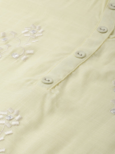Neeru's Women Yellow Off-White Embroidered Straight Kurta