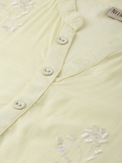 Neeru's Women Yellow Off-White Embroidered Straight Kurta