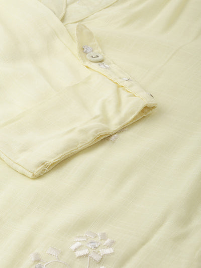 Neeru's Women Yellow Off-White Embroidered Straight Kurta
