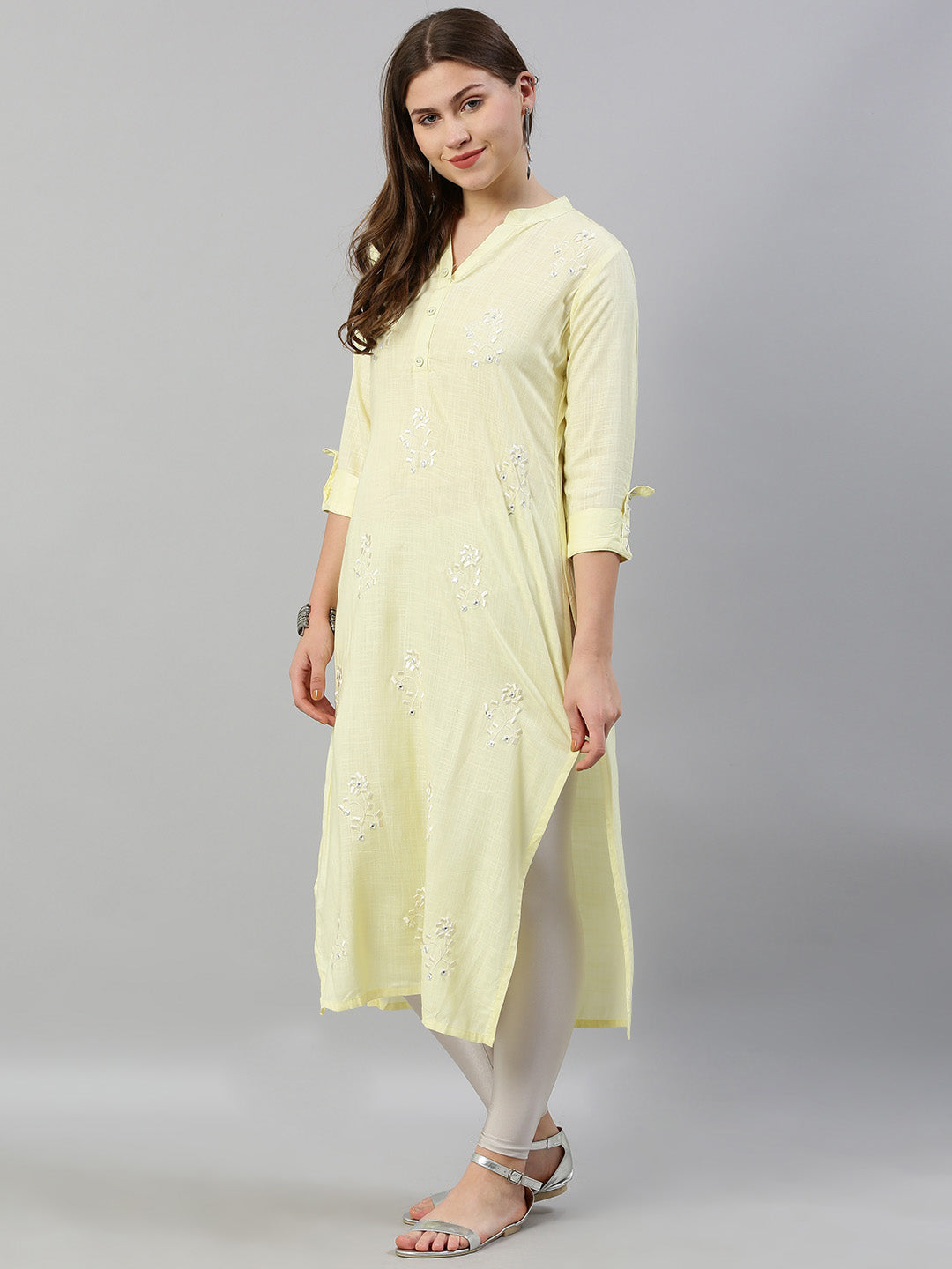 Neeru's Women Yellow Off-White Embroidered Straight Kurta