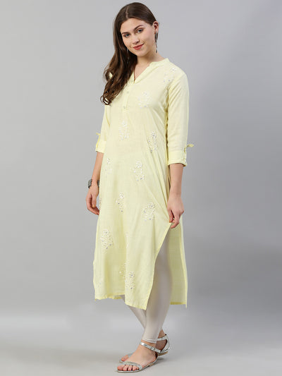 Neeru's Women Yellow Off-White Embroidered Straight Kurta