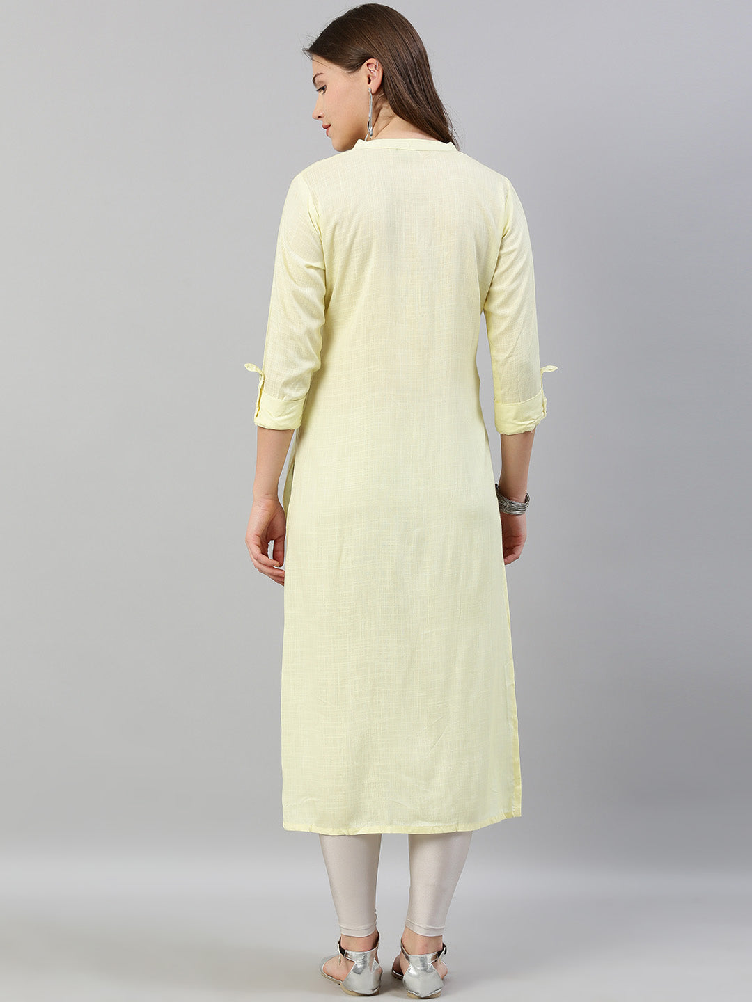 Neeru's Women Yellow Off-White Embroidered Straight Kurta
