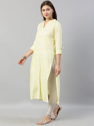 Neeru's Women Yellow Off-White Embroidered Straight Kurta