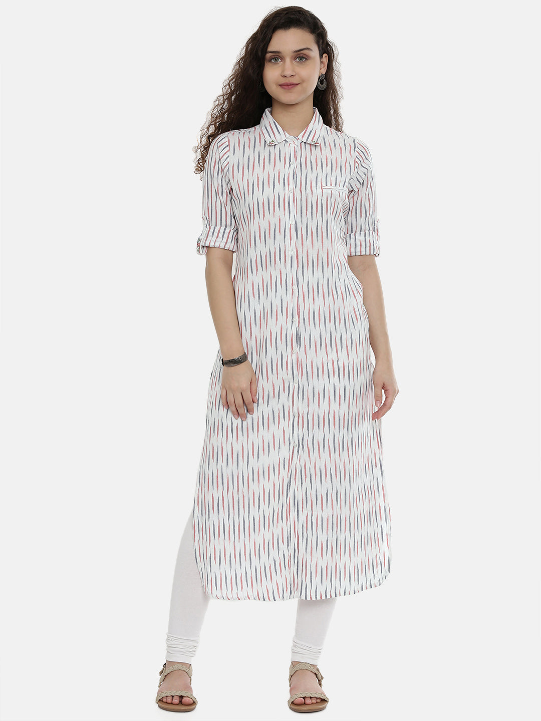 Neerus Women White Red Woven Design Straight Fusion Kurta