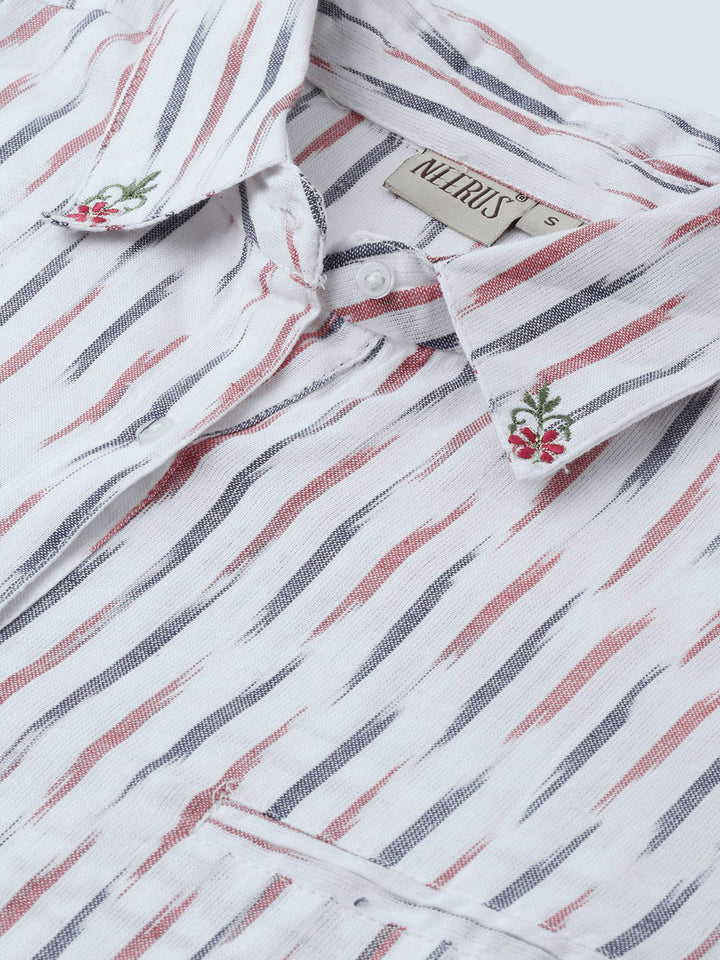 Neerus Women White Red Woven Design Straight Fusion Kurta