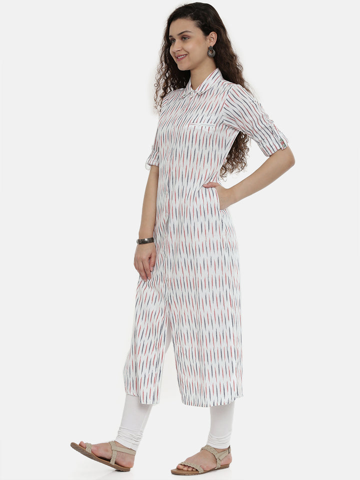 Neerus Women White Red Woven Design Straight Fusion Kurta