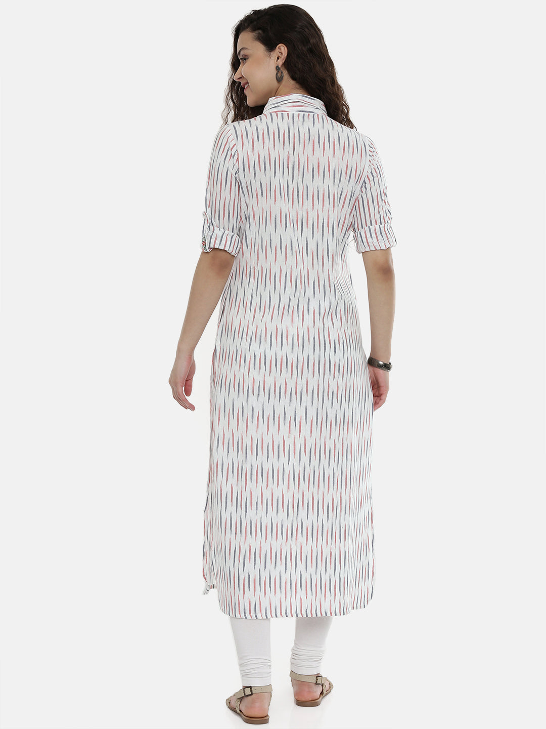 Neerus Women White Red Woven Design Straight Fusion Kurta