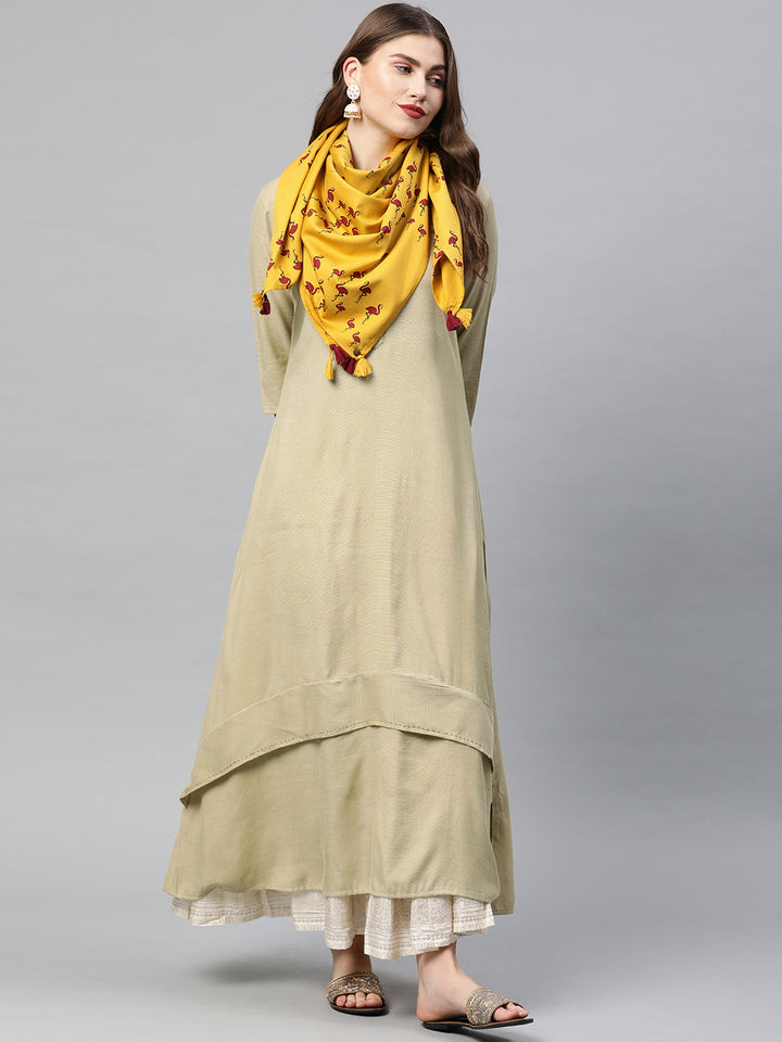 Neerus Beige Anarkali Kurta With Scarf