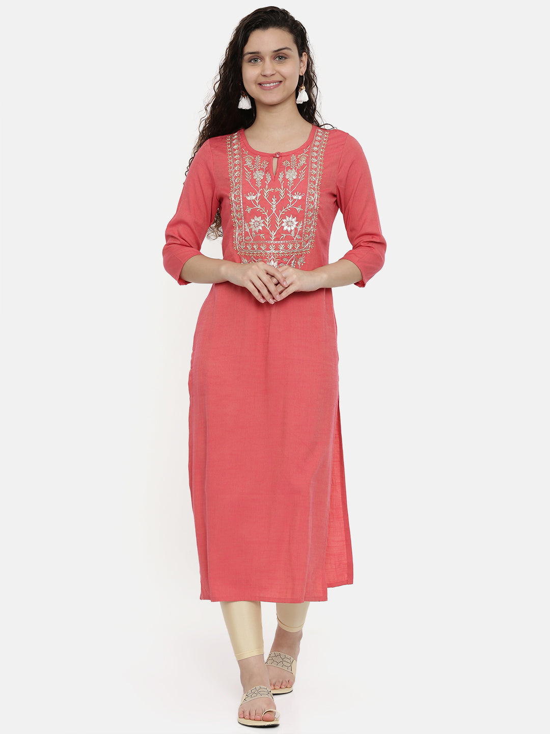 Neerus Women Pink Yoke Design A-Line Kurta