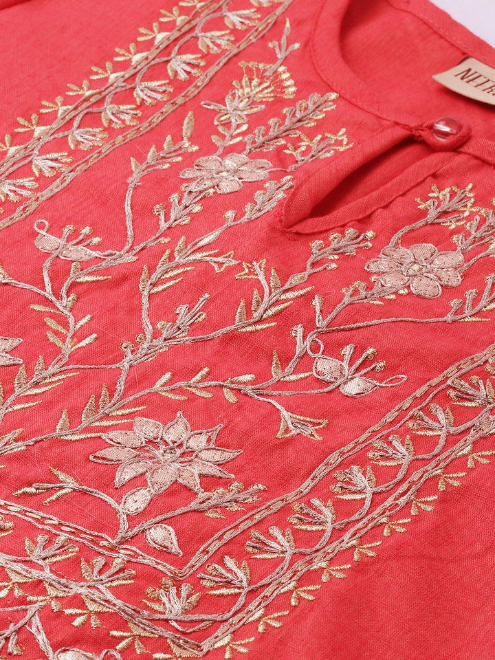 Neerus Pink rayon embroidered A-line kurti - back view