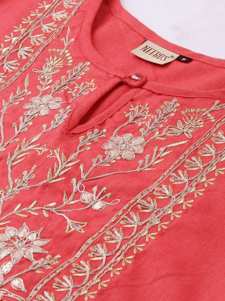 Neerus Pink rayon embroidered A-line kurti - side view