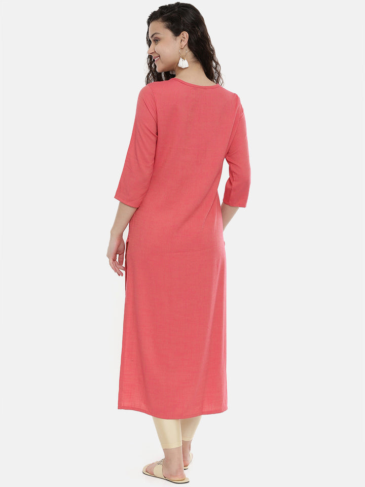 Neerus Pink rayon embroidered A-line kurti - detail view 2